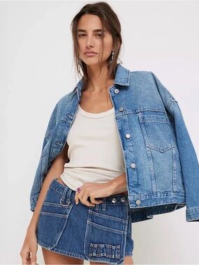 We The Free Denim Jacket Oversized Pleated Back Blue Jean Free People